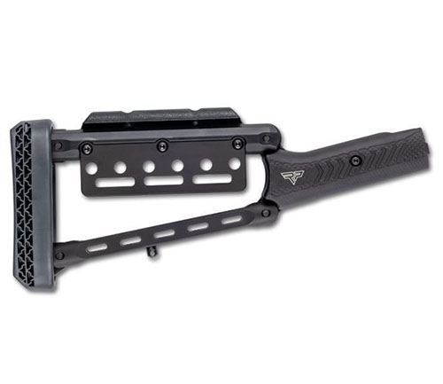 Der GForce Hugtek Lever Stock Black ist leicht, robust und aus anodisiertem 6061 Aluminium, optimal für GForce Huckleberry Gewehre mit verstellbarer Wangenhöhe.